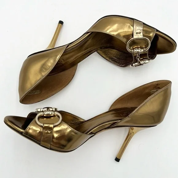 GUCCI WOMEN’S HORSE BIT OPEN TOE GOLD HEEL SZ 5.5 B - Picture 5 of 10